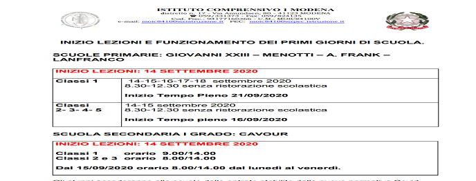 Inizio lezioni e funzionamento dei primi giorni di scuola